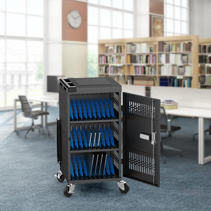 Fully Assembled 30 Bay Mobile Charging and Storage Cart for iPad, Chromebook and Laptop Computer with Keypad Lock,Up to 14-inch Screen Size,Surge Protection,Front & Back Access Locking Cabinet (Black)