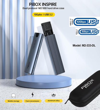 PiBOX India NVMe M2 Enclosure - Dual Protocol USB 3.2 Tool-Free Case, PCI-E Reader, USB-C, M & B+M Keys, 2230/2242/2260/2280 SSDs