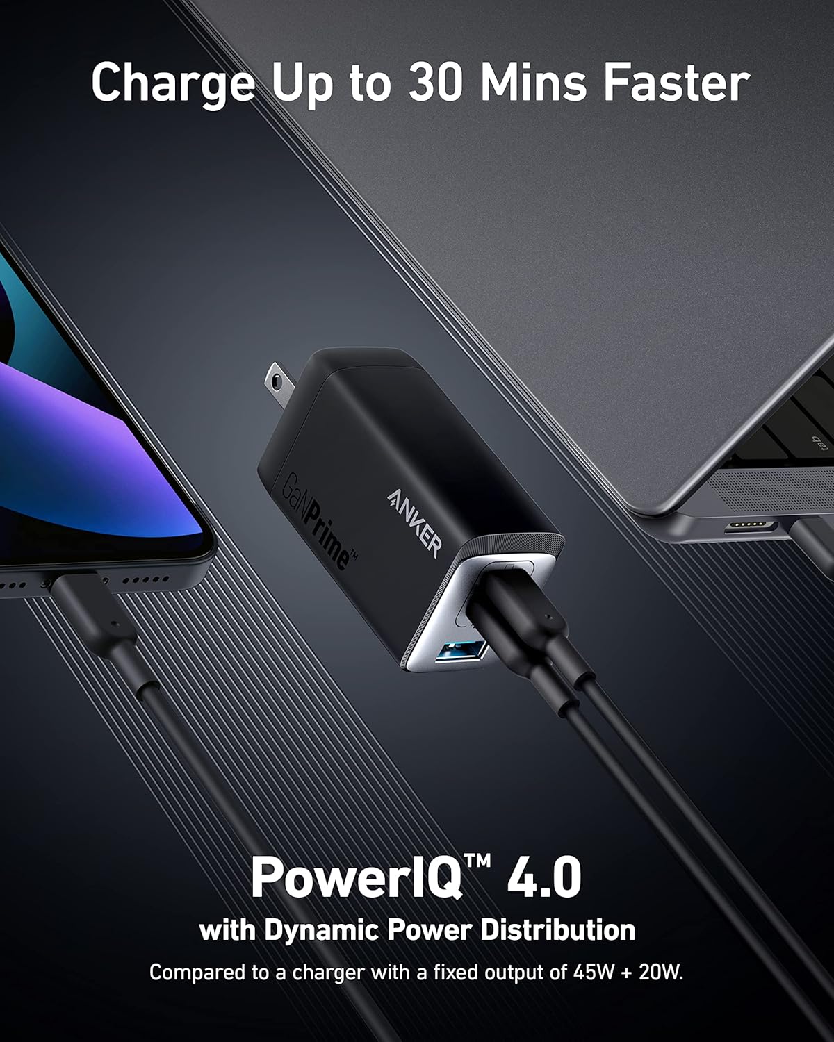Anker GaNPrime 65W, PPS Fast Compact Foldable Charger for MacBook Pro/Air, iPad Pro, Galaxy S23/S22, Note20, iPhone 15/Pro/Pro Max, Pixel, and More