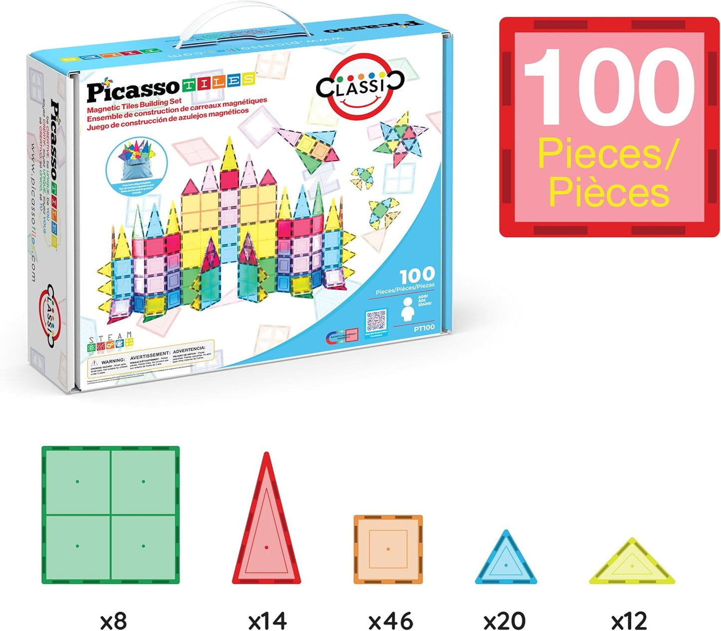 PicassoTiles 100 Piece Set 100pcs Magnet Building Tiles Clear Magnetic 3D Blocks Construction Playboards, Creativity Beyond Imagination, Inspirational, Recreational, Educational Conventional