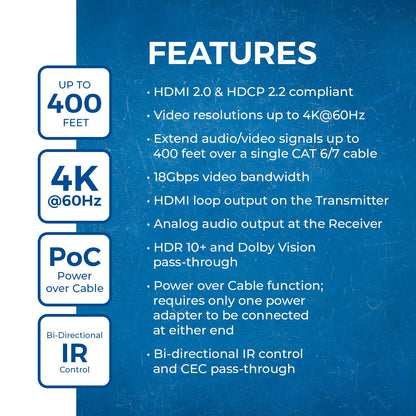 OREI 4K HDMI Extender over ethernet CAT5/CAT6/CAT7 Up To 165 Feet At 1080@60hz - HDMI 1.4 & HDCP 1.4 Compliant with One Way IR Pass Through, HDMI Loop Output & Power Over Cable