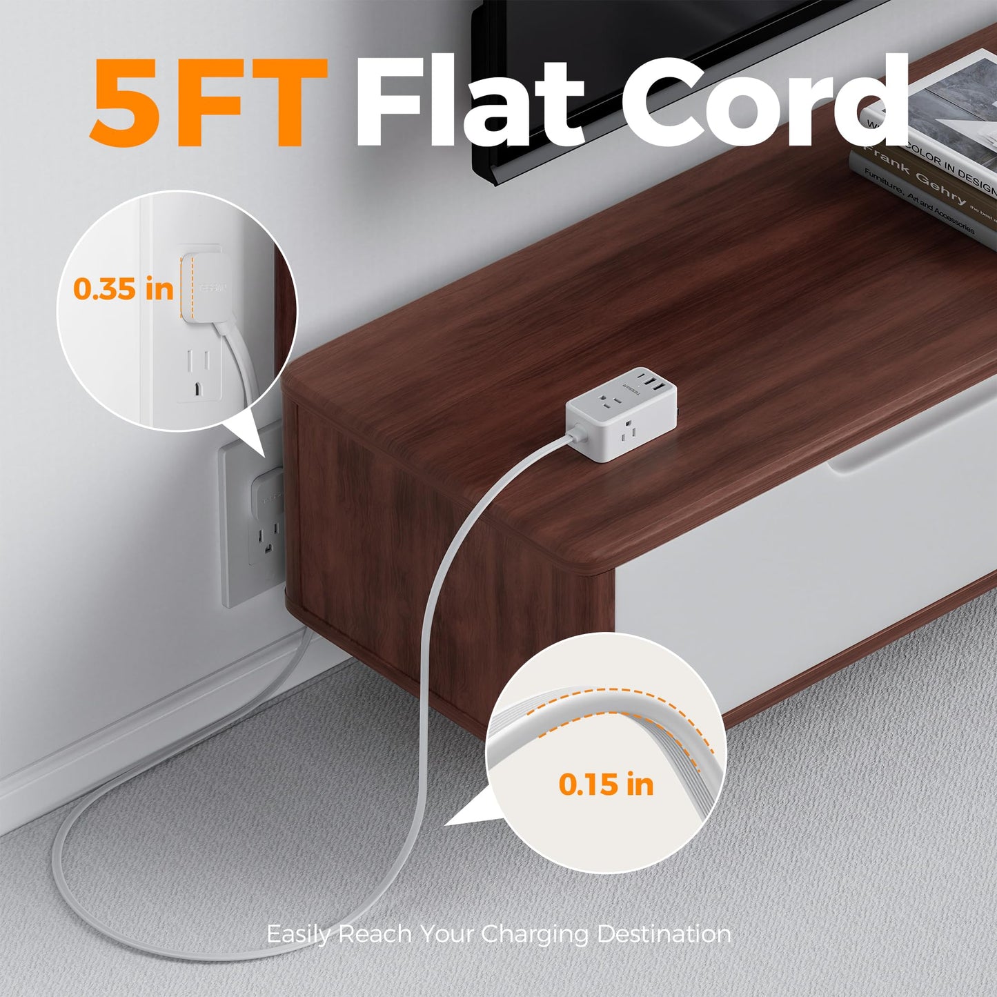 TESSAN Small Flat Plug Power Strip, Ultra Thin Extension Cord 5 ft, 3 AC Outlets with 3 USB Ports (1 USB C), Multiple Wall Outlet Extender for Cruise Travel Office School Dorm Room Essentials