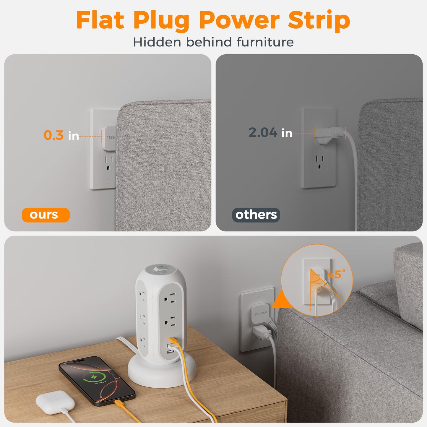 Tower Power Strip Flat Plug with 11 Outlets 3 USB (1 USB C), TESSAN Surge Protector Tower 1625W/13A,1050J Protection, 6 Feet Extension Cord with Multiple Outlets, Office Desk Supplies, Dorm Essentials
