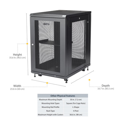 StarTech 18U Enterprise-Grade Server Rack Cabinet Kit, 19in Enclosed 4-Post Rack with Shelf and Cable Management, 29in (75cm) Mounting Depth, 992lb (450kg) Capacity