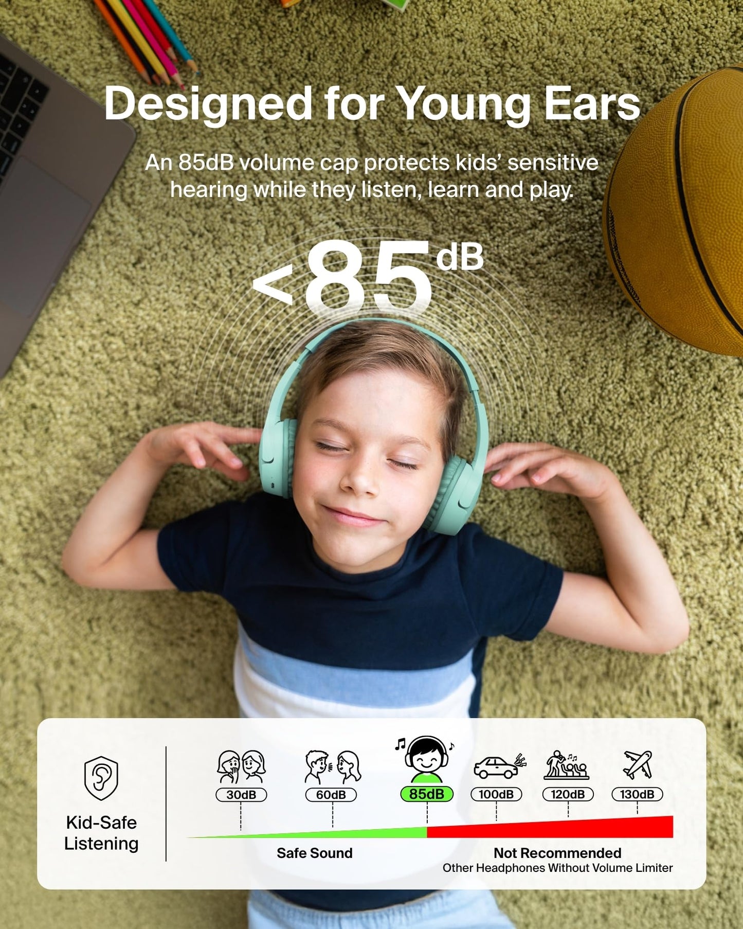 Belkin SoundForm Mini - Wireless Bluetooth Kids Headphones, 30H Battery, 85dB Safe Volume Limit, Built-in Microphone - Toddler On-Ear Earphones for iPhone, iPad - Ideal for School - Blue w/Case
