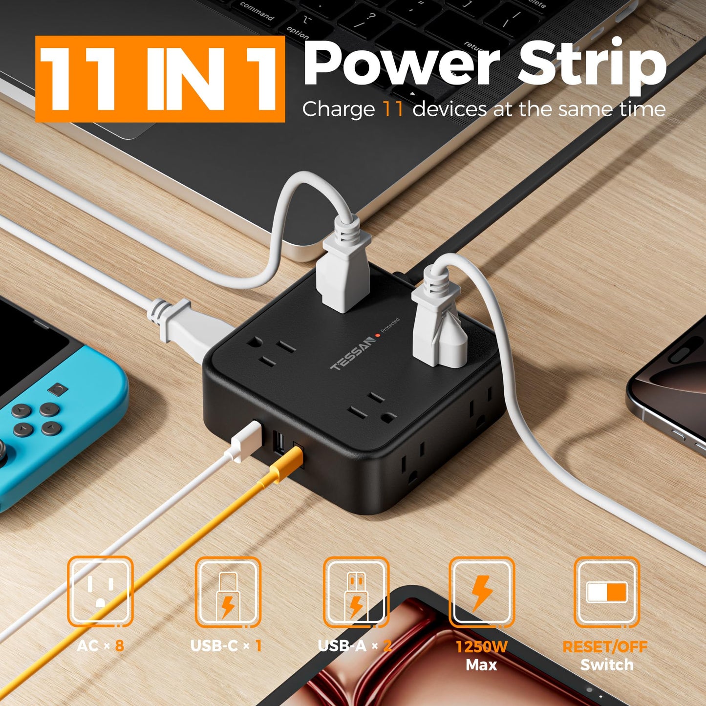 TESSAN Surge Protector Power Strip, 5 Ft Flat Plug Extension Cord with 3 USB (1 USB C) 8 Outlets, 1250W, 900J Protection, 3 Sided Outlet Extender with Power Switch for Office, Dorm Room, Grey