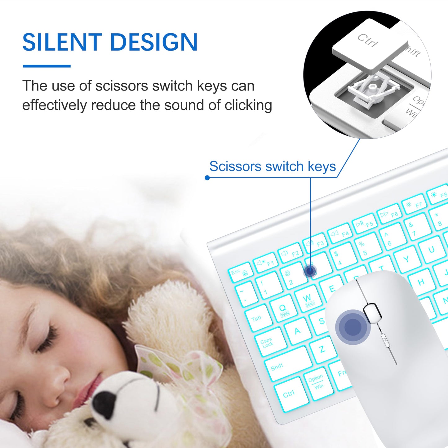 TopMate Wireless Keyboard and Mouse Ultra Slim Combo, 2.4G Silent Compact USB 2400DPI Mouse and Scissor Switch Keyboard Set with Cover, Batteries Included, for PC/Laptop/Windows/Mac - White