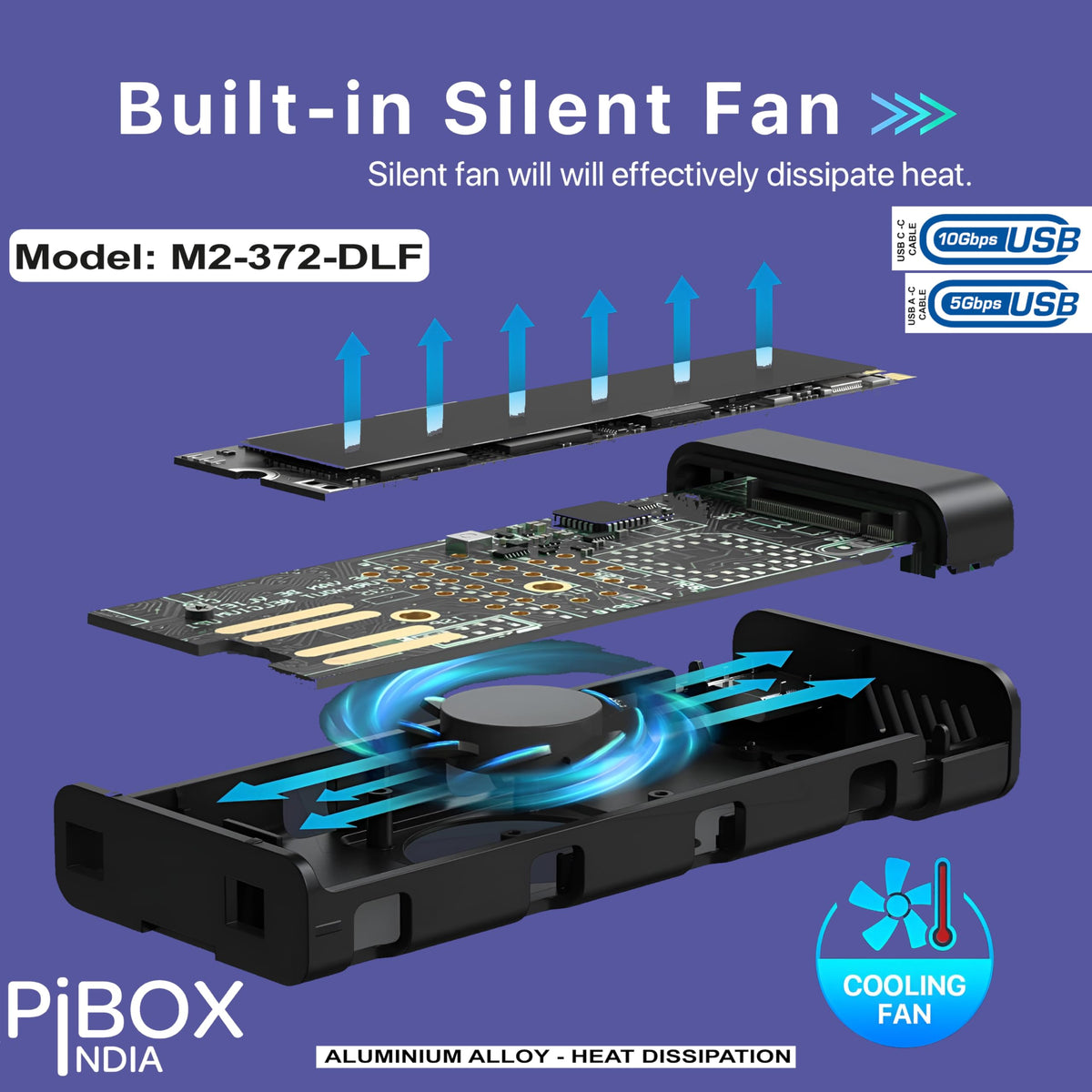 PiBOX India NVMe M2 Enclosure - Dual Protocol USB 3.2 Tool-Free Case, PCI-E Reader, USB-C, M & B+M Keys, 2230/2242/2260/2280 SSDs