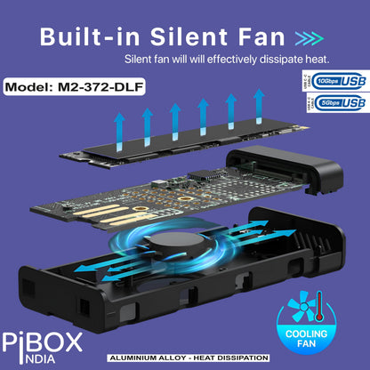 PiBOX India NVMe M2 Enclosure - Dual Protocol USB 3.2 Tool-Free Case, PCI-E Reader, USB-C, M & B+M Keys, 2230/2242/2260/2280 SSDs