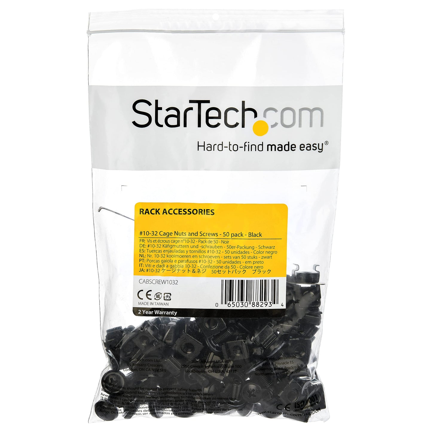 StarTech 50-Pack 10-32 19mm Screws and Square Hole Clip Nuts for 19" or 10" Server Racks, Cabinets and Enclosures, Black and Silver - TAA