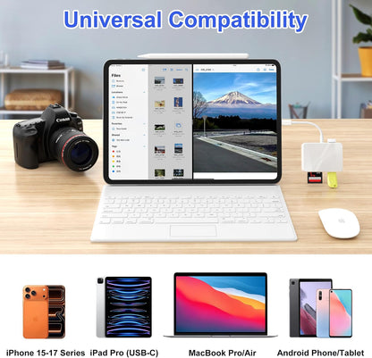 SD Card Reader, 5 in 1 USB-C & USB Card Adapter with SD/MicroSD/MS and Dual USB-A Ports Memory Card Reader for iPhone 17/16/15 Pro Max iPad MacBook Pro/Air M4/M3 Android Phone/Tablet PC (White)