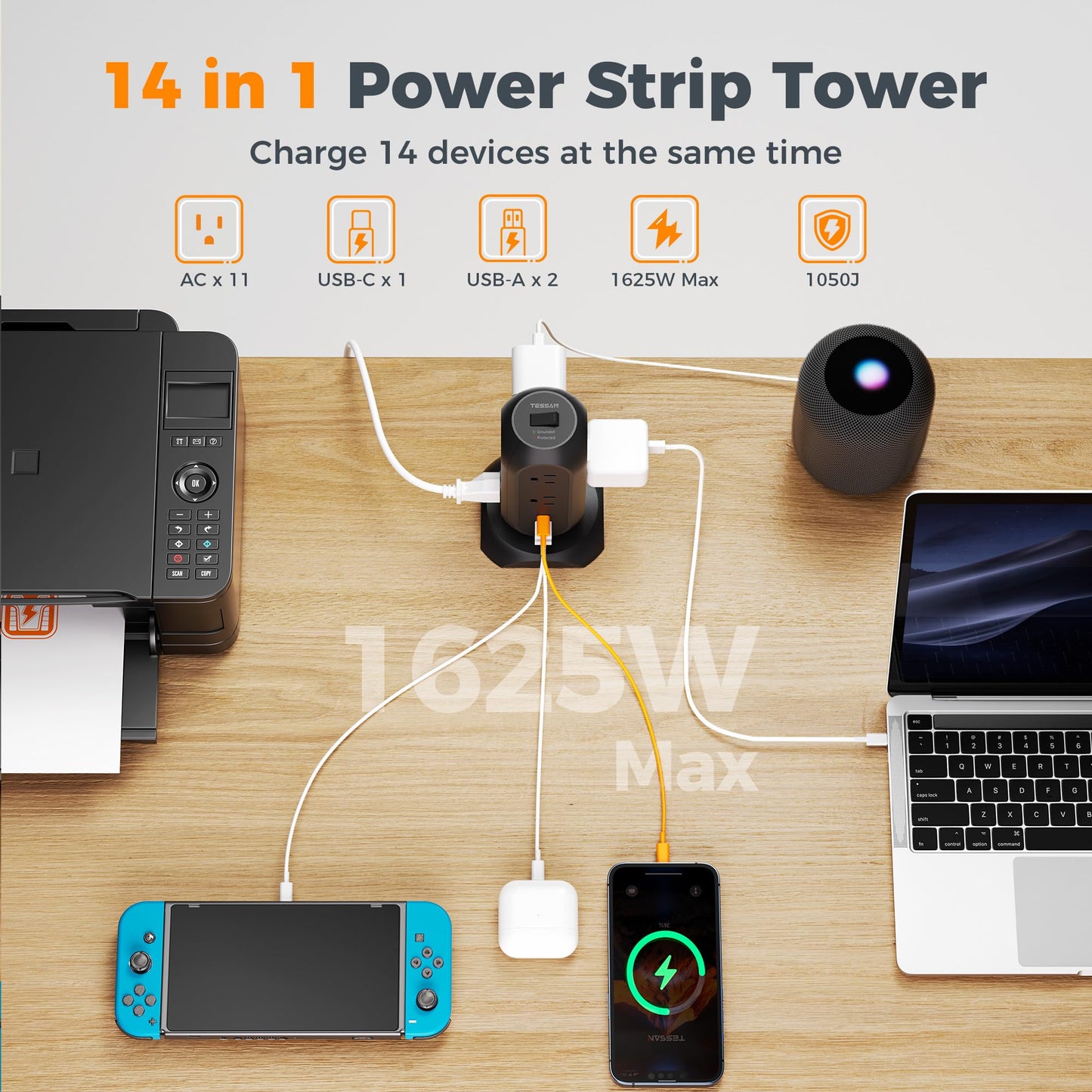 Tower Power Strip Flat Plug with 11 Outlets 3 USB (1 USB C), TESSAN Surge Protector Tower 1625W/13A,1050J Protection, 6 Feet Extension Cord with Multiple Outlets, Office Desk Supplies, Dorm Essentials