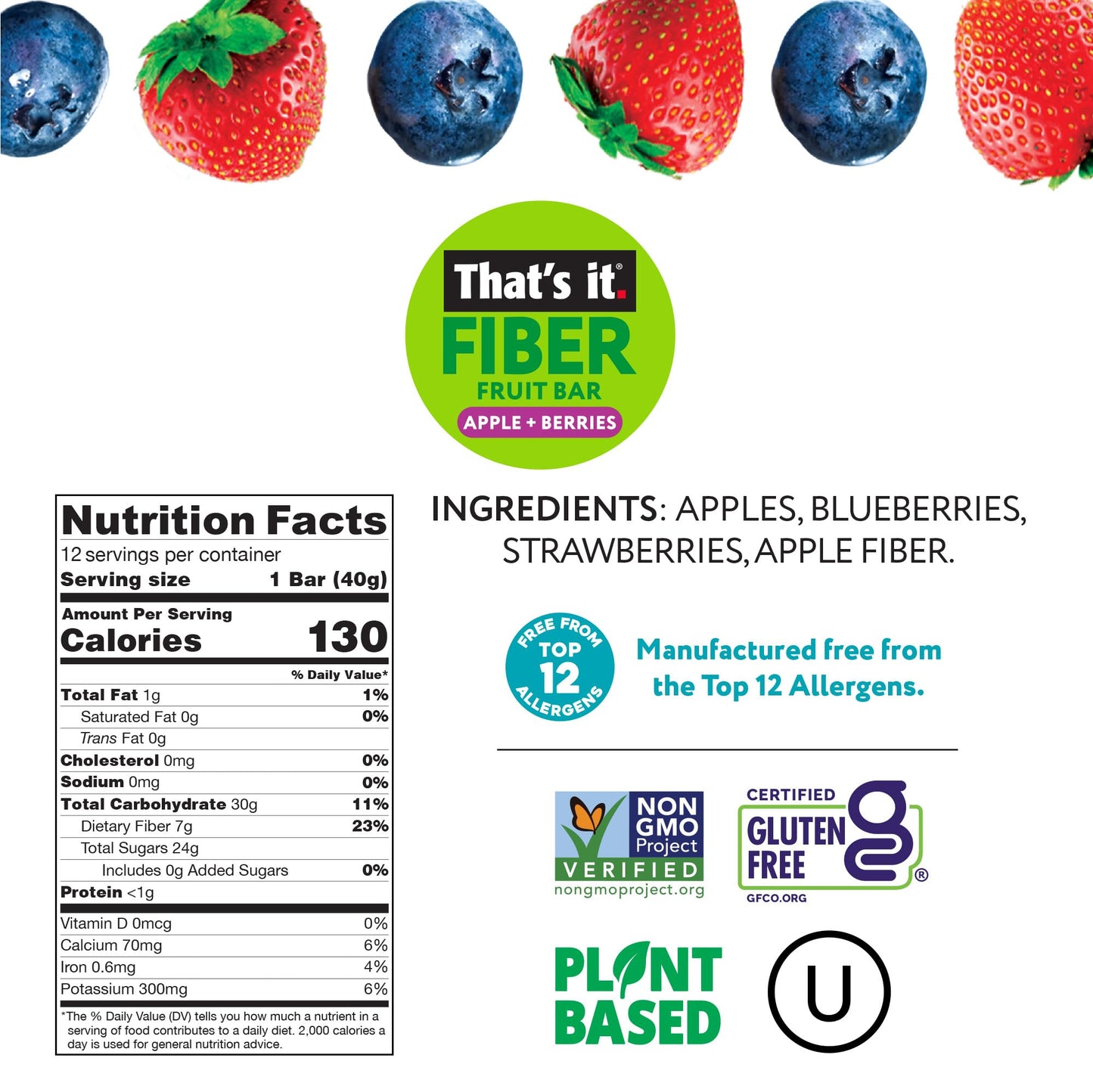That’s it. High Fiber Fruit Bars Variety Pack (12 Count) – Cinnamon, Pear, Mixed Berries & Cherry, 7g Fiber from Real Fruit, 3-4 Ingredients, No Added Sugar, 130 Calories, Gluten-Free, Top 12 Allergen-Free, Non-GMO