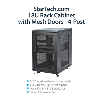 StarTech 18U Enterprise-Grade Server Rack Cabinet Kit, 19in Enclosed 4-Post Rack with Shelf and Cable Management, 29in (75cm) Mounting Depth, 992lb (450kg) Capacity