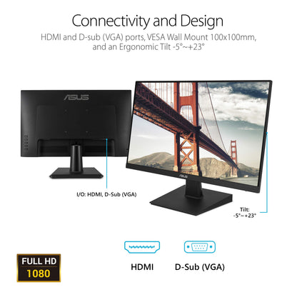 ASUS 27 Inch Desktop Monitor - Full HD (1920 x 1080), IPS, 75Hz, Adaptive-Sync, HDMI, D-Sub, Frameless - VA27EHE