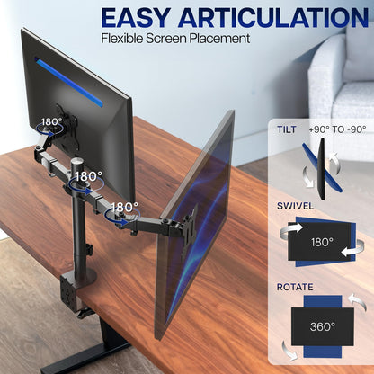 VIVO Dual Monitor Desk Mount, Holds 2 Computer Screens up to 30 inches and 22lbs Each, Heavy Duty Fully Adjustable Steel Stand with C-Clamp and Grommet, Black, STAND-V002