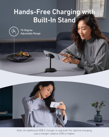 Anker MagGo iPhone 17 MagSafe Charger Compatible Stand, 15W Fast Magnetic Wireless Charging Station, Qi2 Certified 360° Wireless Charger (White, with Cable & Adapter)