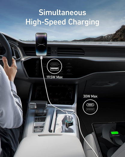 Anker USB C Car Charger, 49.5W PowerDrive Speed+ 2 Adapter, 30W PD Port for iPhone 15 14 13 12 11 Series, Compatible with S10/S9, MacBook Air, iPad Pro, 19.5W Fast Charge Port for S8 and More
