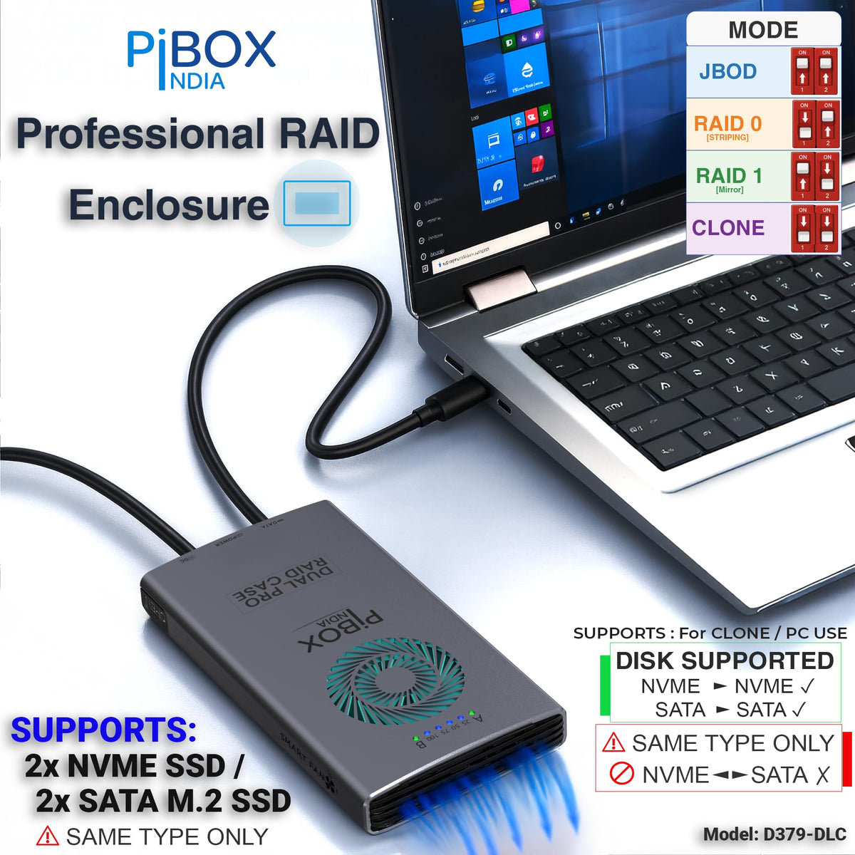 PiBOX India NVMe M2 Enclosure - Dual Protocol USB 3.2 Tool-Free Case, PCI-E Reader, USB-C, M & B+M Keys, 2230/2242/2260/2280 SSDs
