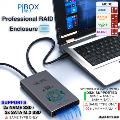 PiBOX India NVMe M2 Enclosure - Dual Protocol USB 3.2 Tool-Free Case, PCI-E Reader, USB-C, M & B+M Keys, 2230/2242/2260/2280 SSDs