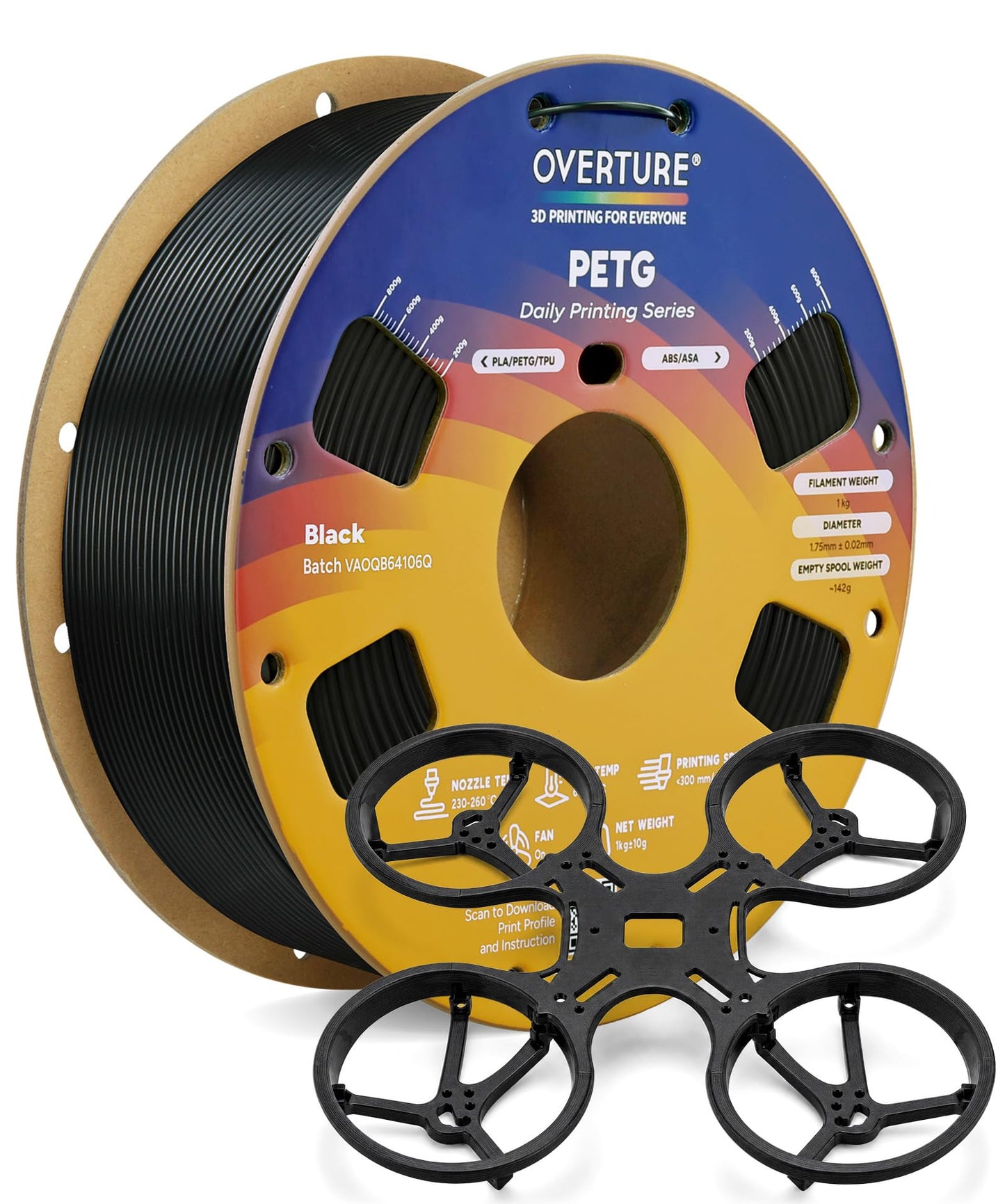 OVERTURE PETG 3D Printer Filament 1.75mm, Neatly Wound Durable PETG 1kg Spool (2.2lbs), Strong Toughness Filament, Dimensional Accuracy +/- 0.02mm, Fit Most FDM Printers (Black (1-Pack))