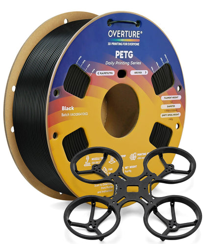 OVERTURE PETG 3D Printer Filament 1.75mm, Neatly Wound Durable PETG 1kg Spool (2.2lbs), Strong Toughness Filament, Dimensional Accuracy +/- 0.02mm, Fit Most FDM Printers (Black (1-Pack))