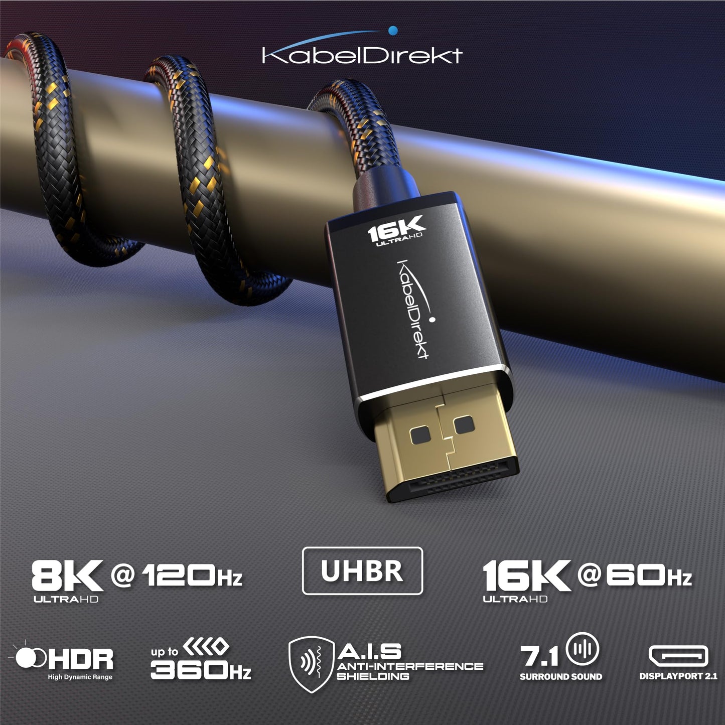 KabelDirekt – DisplayPort 2.1 Cable/16K DP 2.1 Cable – 3ft – Nylon braiding + Break-Proof Metal connectors, DP80 with 80Gbps for Gaming PC/Monitor, FreeSync/G-Sync, for 16K@60Hz, 8K@120Hz, 4K@240Hz