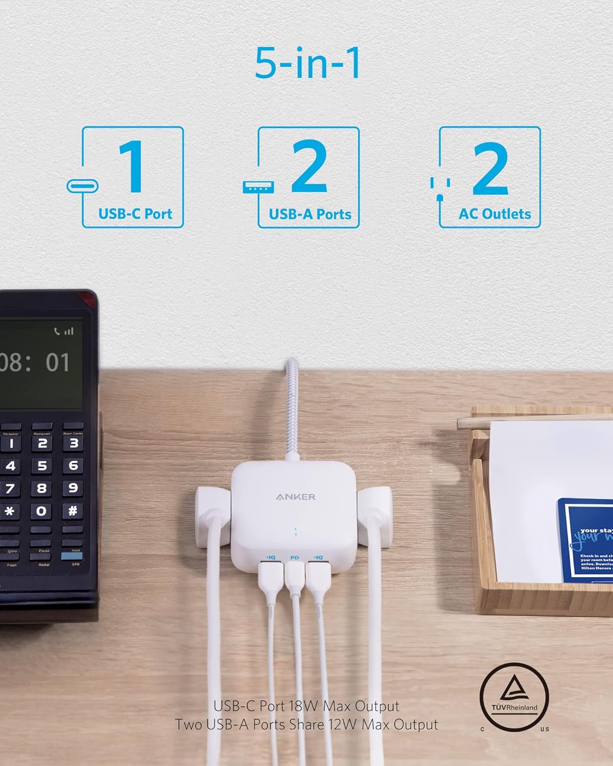 Anker Power Strip with USB-C, 30W PowerPort Strip PD 2 Mini with 2 Outlets & 3 USB (18W USB-C), 5 ft Cord, Flat Plug, high-Speed Charge to Phones, Tablets, for Hotel, Dorm Room, Cruise Ship and Home