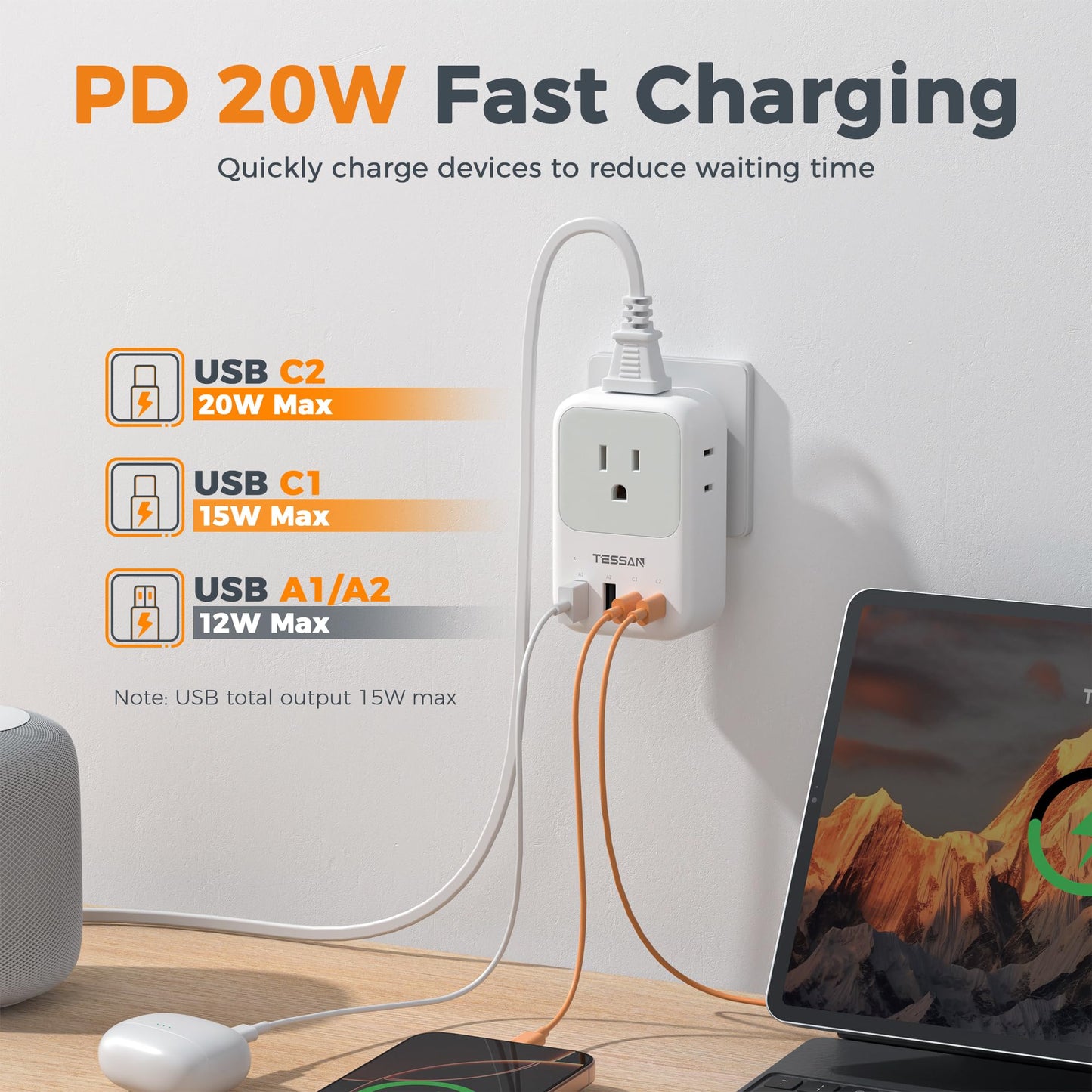 USB C Charger Block 20W, TESSAN PD Fast Charging Adapter with Foldable Plug, 1875W Power Outlet Extender(4 AC and 4 USB) for Cruise, Home, Office, Dorm