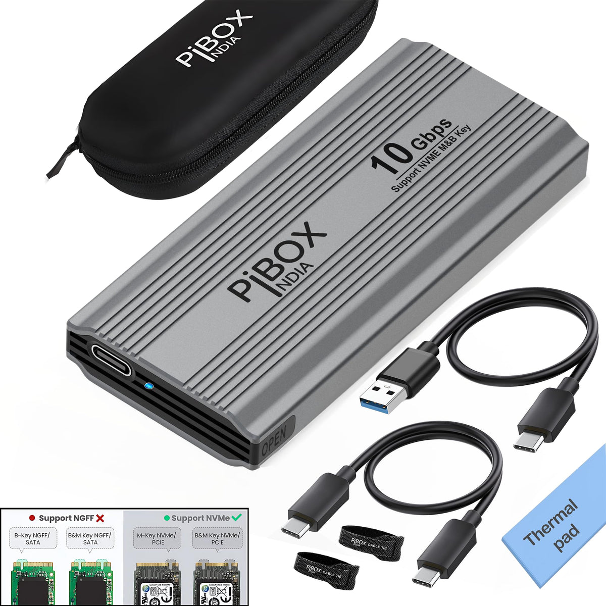 PiBOX India NVMe M2 Enclosure - Dual Protocol USB 3.2 Tool-Free Case, PCI-E Reader, USB-C, M & B+M Keys, 2230/2242/2260/2280 SSDs