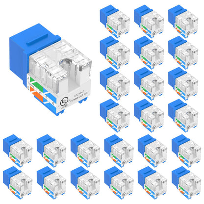 VCE UL Listed 10Gbps Cat6 Keystone Jack Insert 25-Pack, 90 Degree Punch Down RJ45 Keystone Jack Adapter Slim Profile Blue