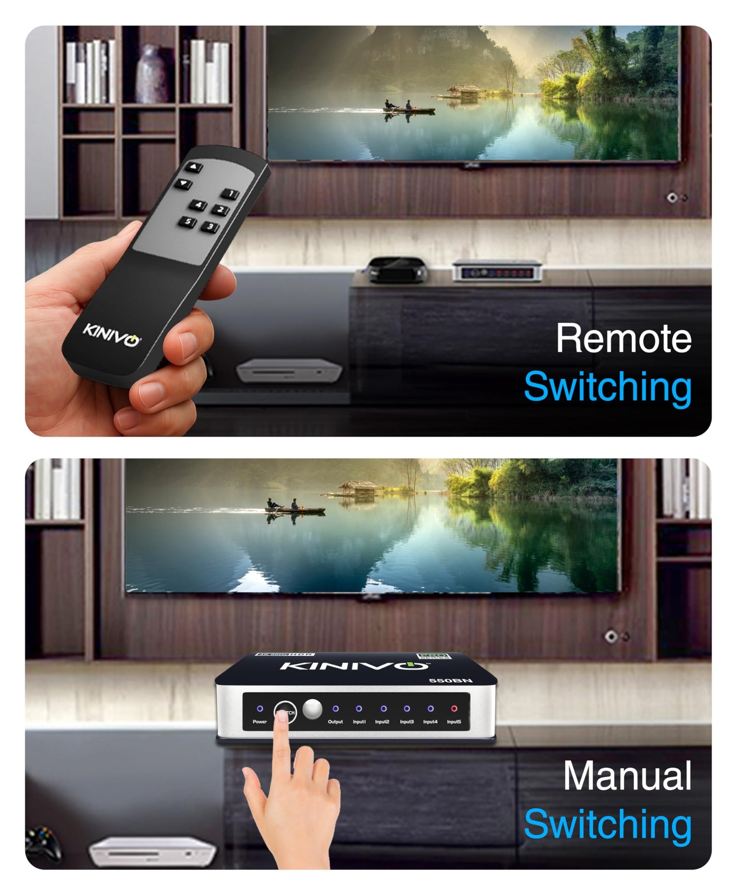 Kinivo HDMI Switch 5 in 1 Out 4K 60Hz (HDR 10, High Speed 18Gbps, IR Remote, HDCP2.2, Dolby Vision, VRR) - 550BN Switcher Compatible with Roku, PS5, Xbox, Apple TV, Nintendo Switch 2, Cable Box