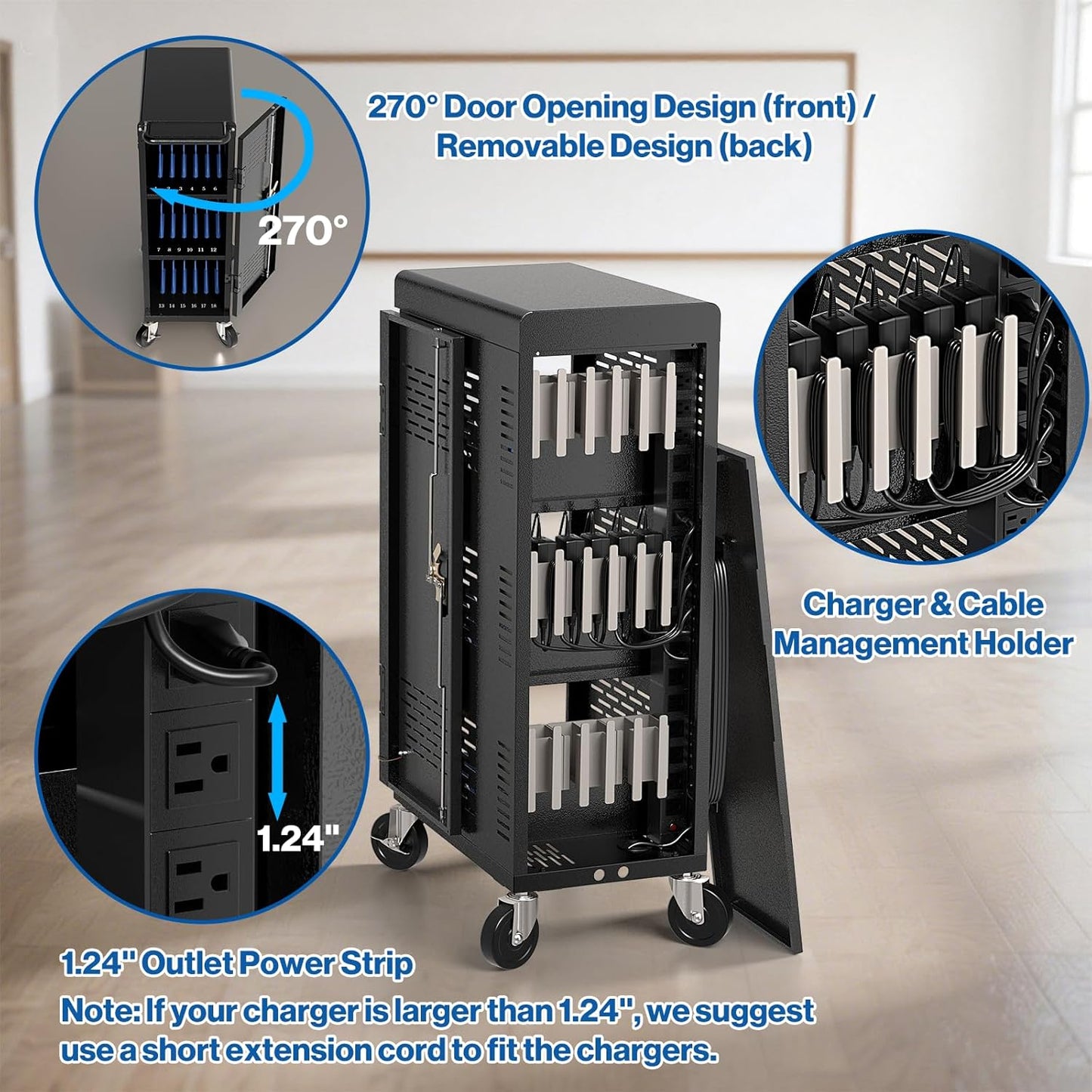 Fully Assembled 18-Device Charging Cart for Chromebook - Locking Laptop Cabinet with Cable Management, Cord Organization, Power Strip - Locks and Stores Tablets up to 14'' and 1.4'' Thick (Black)