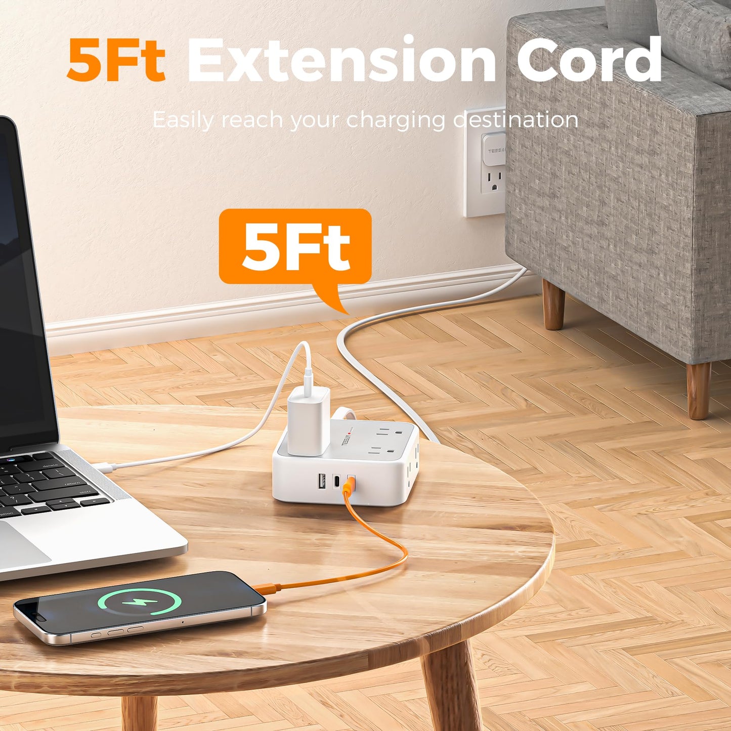 TESSAN Surge Protector Power Strip, 5 Ft Flat Plug Extension Cord with 3 USB (1 USB C) 8 Outlets, 1250W, 900J Protection, 3 Sided Outlet Extender with Power Switch for Office, Dorm Room, Grey