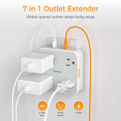 TESSAN Multi Plug Outlet Extender, Surge Protector Splitter with 3 USB (1 USB C Port) Wall Charger, Multiple Expander for Travel, Home, College Dorm Room