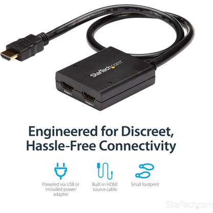 StarTech.com 4K HDMI Splitter 1 In 2 Out - 4K 30Hz HDMI 1.4 2 Port Video Splitter Box -with high speed HDMI cable, USB power cable - Black (ST122HD4KU)