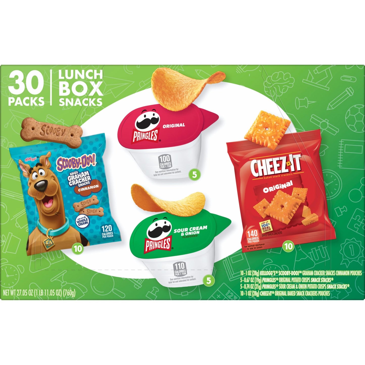 Kellogg's Cheez-It, Pringles & Rice Krispies Treats Snacks Mega Variety Pack, 30.1oz Box (30 Count)