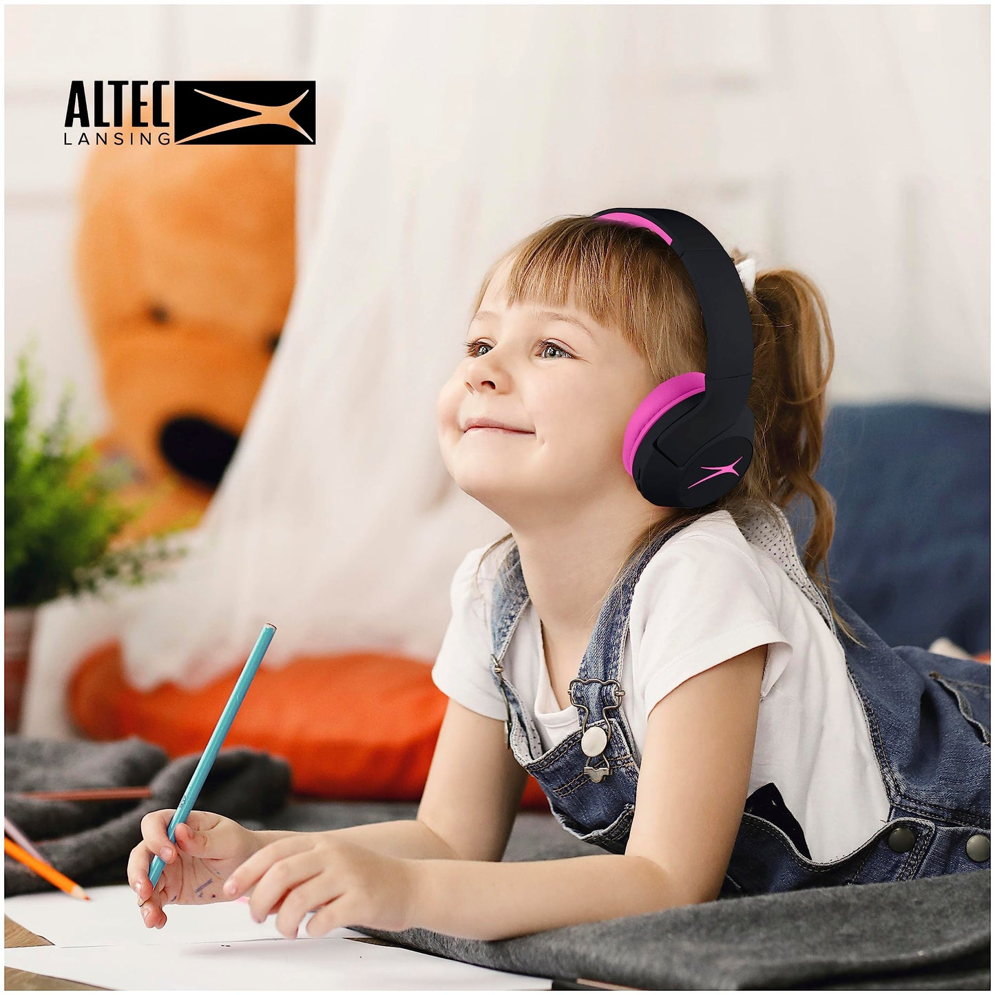 Altec Lansing Kid Safe Noise Cancelling Wireless Headphones 15H Battery, 85dB Volume Limit, Foldable Design Powerful Sound, Active Noise Cancellation Perfect for Kids Ages 7+ (Whiteout Pop Pink)