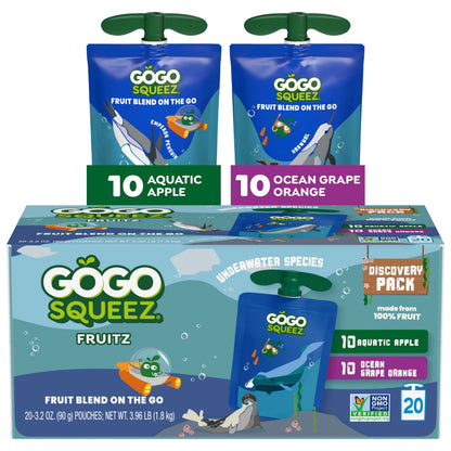 GoGo squeeZ No Sugar Added Applesauce and Fruit Puree Variety Pack, Apple, Mango & Banana, 3.2 oz Pouches (Pack of 20), Fruit Snacks for Kids, Gluten Free, Nut Free, Recloseable Cap, BPA Free