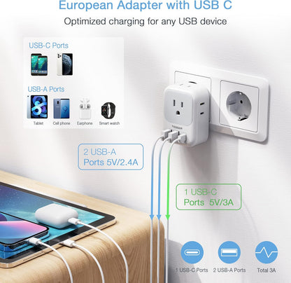 TESSAN European Travel Plug Adapter with 4 AC 3 USB (1 USB C PD 20W), Foldable Plug Type C, for US to Most of EU (Spain, France, Italy, Germany, Portugal, Iceland)
