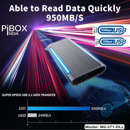 PiBOX India NVMe M2 Enclosure - Dual Protocol USB 3.2 Tool-Free Case, PCI-E Reader, USB-C, M & B+M Keys, 2230/2242/2260/2280 SSDs
