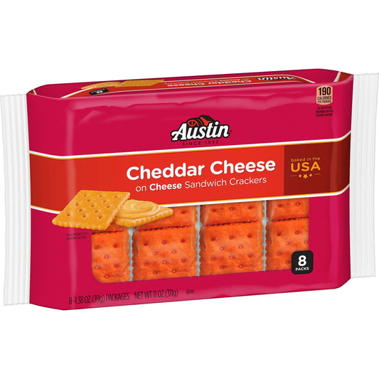 Austin Cheddar Cheese Flavored Sandwich Crackers, Lunch Snacks (12 Trays, 96 Packs)
