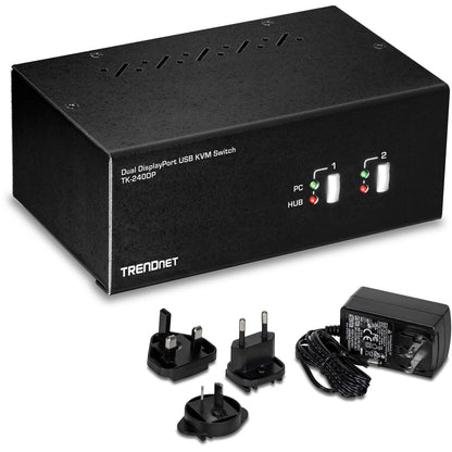 TRENDnet 2-Port 4K Dual Monitor DisplayPort KVM Switch with Audio, TK-240DP, 2560 x 1440 @ 144Hz, 2-Port USB 2.0 Hub, Connect Two Monitors, NDAA + TAA Compliant, Black