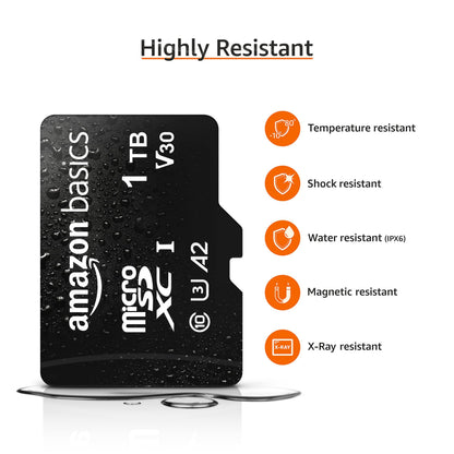 Amazon Basics microSDXC Memory Card with Full Size Adapter, A2, U3, Read Speed up to 100 MB/s, 64GB, Black (2pack)