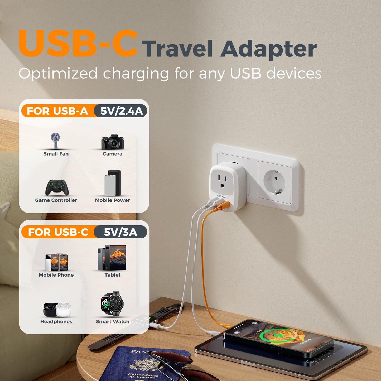 2 Pack European Travel Plug Adapter, TESSAN US to Europe Plug Adapter with 3 USB Ports (1 USB C), Type C Power Outlet for EU International Italy Iceland Spain France Germany