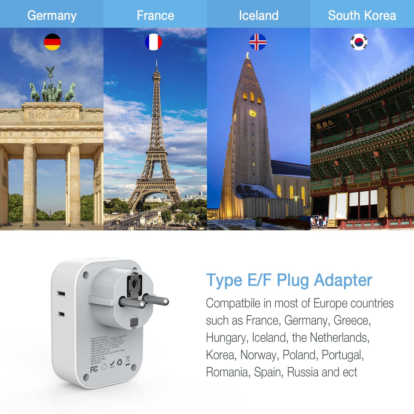 2 Pack European Plug Adapter USB C, TESSAN US to Europe Adapter 4 Outlets 3 USB Charger, Type C International Power Adaptor to Italy Spain France Portugal Iceland Germany, Europe Travel Essentials
