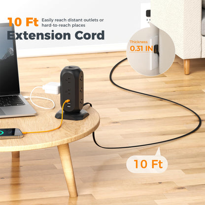 Tower Power Strip Flat Plug with 11 Outlets 3 USB (1 USB C), TESSAN Surge Protector Tower 1625W/13A,1050J Protection, 6 Feet Extension Cord with Multiple Outlets, Office Desk Supplies, Dorm Essentials