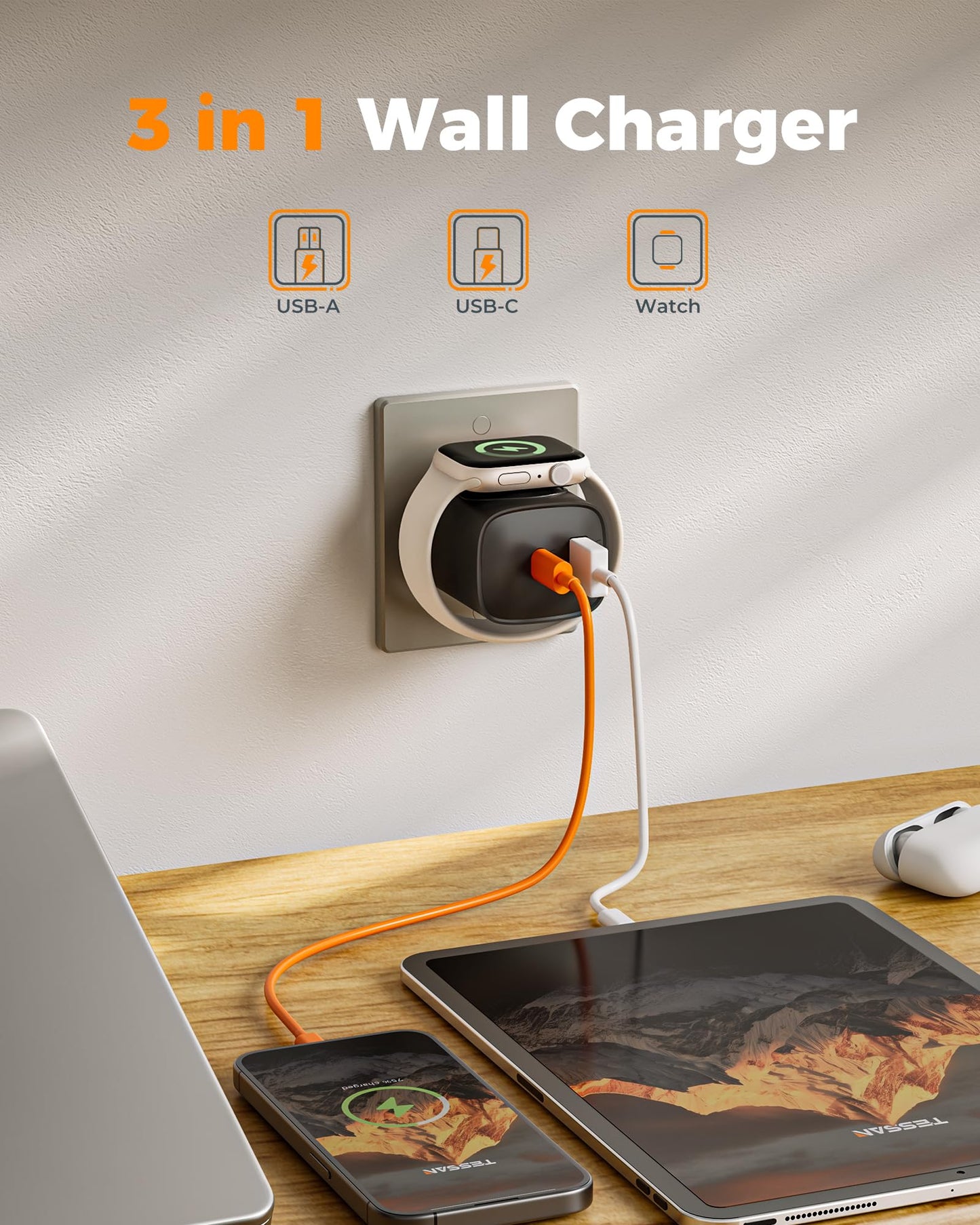 Charging Blocks for Apple Watch, 3-in-1 PD 20W USB C Charger Block with Built-in Wireless Smart Watch Charging, Dual Ports Wall Charger Compatible with iPhone,AirPods,iWatch