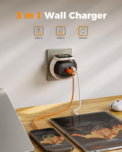 Charging Blocks for Apple Watch, 3-in-1 PD 20W USB C Charger Block with Built-in Wireless Smart Watch Charging, Dual Ports Wall Charger Compatible with iPhone,AirPods,iWatch