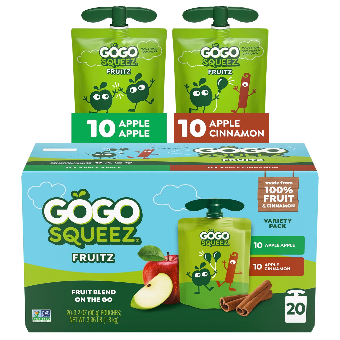 GoGo squeeZ No Sugar Added Applesauce and Fruit Puree Variety Pack, Apple, Mango & Banana, 3.2 oz Pouches (Pack of 20), Fruit Snacks for Kids, Gluten Free, Nut Free, Recloseable Cap, BPA Free